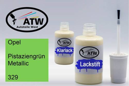 Opel, Pistaziengrün Metallic, 329: 20ml Lackstift + 20ml Klarlack - Set, von ATW Autoteile West.